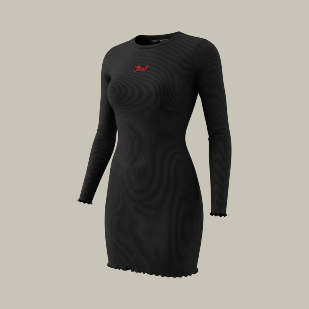 Polly & Esther Black Ribbed Dragon Embroidered Lettuce Edge Mini Dress Women